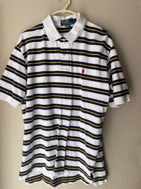 Vintage Polo by Ralph Lauren White Navy Yellow Striped Polo Shirt size L 100%Cot